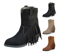 Momolaa UK 5.5 Women's Ankle Boots Suede Mid High Heels Round Toe Chunky Block Heeled Tassel Fringe Fashion Western Booties with Back Zip Black Footwear Clearance