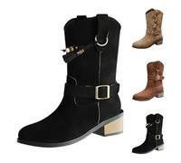 Momolaa UK 5.5 Women's Buckle Mid Calf Boots Suede Almond Round Toe 5 Cm Low Mid Heel Stack-Heeled Boot Slip on Style Dressy Fall and Winter Casual Black Footwear Clearance