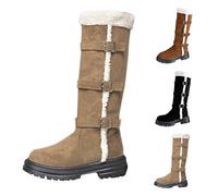 Momolaa UK 5.5 Women's Winter Faux Fur Knee High Boots Mid Calf Snow Boots Suede Buckle Slip on Platform Lug Sole Wide Warm Snow Boot Outdoor Khaki Footwear Clearance