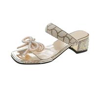 Momolaa UK 6.5 Clearance Womens Chunky Low Heel Diamante Sandals Ladies Square Toe Sparkly Rhinestone Mule Backless Shoe Slip On Square Toe Mule Slider 002_Gold