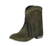 Momolaa UK 6.5 Fringe Ankle Cowboy Boots for Women Short Cowgirl Booties Western Fringed Tassel Ankle Boots Suede Chunky Block Heel Pull on Dress Booties Chunky Heel Fall Winter Shoes Green Footwear