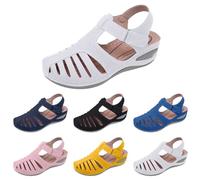 Momolaa UK 6.5 Womens Closed Toe Sandals, Summer Cutout Comfortable Retro Wide Fit Orthopedic Sandals Wedge Orthotic Arch Support Beach Walking Sandal Trendy Ladies Footwear White
