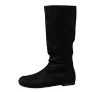 Momolaa UK 6 Women's Slouchy Mid Calf Boots Side Zip up Flat Boots Suede Fall Winter Spring Low Heel Slip on Casual Boot Black Footwear Clearance