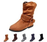 Momolaa UK 7.5 Slouchy Ankle Boots for Women No Heel,Flat Mid Calf Boots Side Zipper Ladies Pixie Slouch Boot Low Heel Booties Ankle Boot Fall Outdoor Shoe Short Booties Footwear Brown