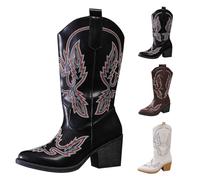 Momolaa UK 7.5 Wide Calf Cowboy Boots for Women Pull on Cowgirl Boots Mid Calf Western Booties Pointed Toe 7 Cm Block Chunky Heel Short Classic Booties Black Footwear Clearance