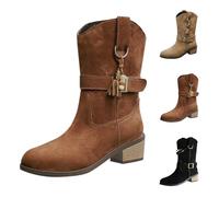 Momolaa UK 7.5 Women's Buckle Mid Calf Boots Suede Almond Round Toe 5 Cm Low Mid Heel Stack-Heeled Boot Slip on Style Dressy Fall and Winter Casual Brown Footwear Clearance