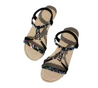 Momolaa UK 7.5 Womens Flat Sandals Wide Width Boho Bohemian Braided Flat Sandals Comfort Walking Ankle Elastic Summer Shoes for Vacation Beach Travel Casual Dressy Sandles A2_Black