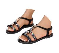 Momolaa UK 7.5 Womens Flat Sandals Wide Width Boho Bohemian Braided Flat Sandals Comfort Walking Ankle Elastic Summer Shoes for Vacation Beach Travel Casual Dressy Sandles C2_Black