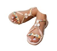 Momolaa UK 7.5 Womens Flat Sandals Wide Width Boho Bohemian Braided Flat Sandals Comfort Walking Ankle Elastic Summer Shoes for Vacation Beach Travel Casual Dressy Sandles D2_Beige