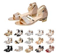 Momolaa UK 7.5 Women's Glitter Block Low Heel Sandals Summer Open Toe Buckle Adjustable Buckle Ankle Strap Wedding Party Dress Prom Heeled Sandal Pumps Sparkly Sandal 03#_Rose Gold Ladies Footwear