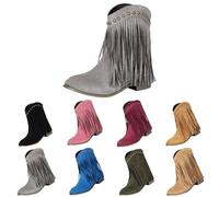 Momolaa UK 7 Fringe Ankle Cowboy Boots for Women Short Cowgirl Booties Western Fringed Tassel Ankle Boots Suede Chunky Block Heel Pull on Dress Booties Chunky Heel Fall Winter Shoes Grey Footwear