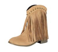 Momolaa UK 7 Fringe Ankle Cowboy Boots for Women Short Cowgirl Booties Western Fringed Tassel Ankle Boots Suede Chunky Block Heel Pull on Dress Booties Chunky Heel Fall Winter Shoes Beige Footwear