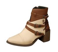 Momolaa UK 7 Womens Ankle Booties 6.5 Cm Chunky Block Mid High Heel Side Zippers Boots Buckle Straped Pointed Toe Casual Party Shoes Western Short Booties Beige Footwear Clearance