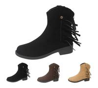 Momolaa UK 7 Women's Ankle Boots Low Heels Round Toe Suede Chunky Low Heeled Tassel Fringe Fashion Booties with Back Zip Black Footwear Clearance