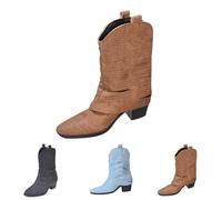 Momolaa UK 7 Women's Denim Fold Over Ankle Boots Fashion Pull on Mid Block Chunky Heeled Ladies Booties Comfortable Casual Round Toe Y2k Cowgirl Mid Calf Boots Brown Footwear