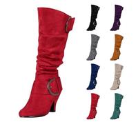 Momolaa UK 7 Womens Wide Calf Boots Cone Heel Slouchy Boot Mid Calf Long Boots Winter Shoes Slouchy Faux Sude Leather Under Knee High Side Zipper Gifts Red