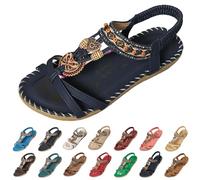 Momolaa UK 8.5 Womens Summer Bohemia Flat Sandals Sandles Ladies Bohemian Beaded Strap Shoes Diamante Rhinestone Toe Post Sandals Yl061125 A0_Black Clearance