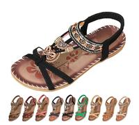 Momolaa UK 8.5 Womens Summer Bohemia Flat Sandals Sandles Ladies Bohemian Beaded Strap Shoes Diamante Rhinestone Toe Post Sandals Yl061125 A1_Black Clearance
