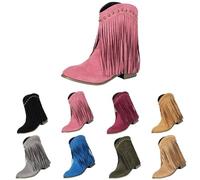 Momolaa UK 8 Fringe Ankle Cowboy Boots for Women Short Cowgirl Booties Western Fringed Tassel Ankle Boots Suede Chunky Block Heel Pull on Dress Booties Chunky Heel Fall Winter Shoes Pink Footwear