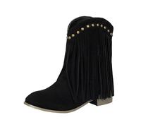 Momolaa UK 9.5 Fringe Ankle Cowboy Boots for Women Short Cowgirl Booties Western Fringed Tassel Ankle Boots Suede Chunky Block Heel Pull on Dress Booties Chunky Heel Fall Winter Shoes Black Footwear