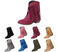 Momolaa UK 9 Fringe Ankle Cowboy Boots for Women Short Cowgirl Booties Western Fringed Tassel Ankle Boots Suede Chunky Block Heel Pull on Dress Booties Chunky Heel Fall Winter Shoes Wine Footwear