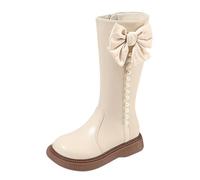 Momolaa UK 9 Girls Knee High Boots with Side Zipper Cute Bow Pearls Decor Faux Leather Riding Shoes Mid Calf Shoes for Little Kid/Big Kid Beige