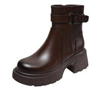 Momolaa UK Size 4.5 Chunky Platform Ankle Boots for Women Low Chunky Block Heel Lug Sole Side Zipper Fall Heeled Combat Gothic Motorbike Biker Boots Brown