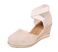 Momolaa UK Size 4.5 Womens Closed Toe Espadrille Platform Wedges Elastic Band Criss Cross Ankle Strappy Platform Mid Heel Sandals Slip on Dressy Casual Comfortable Wedge Sandal Sandle Footwear Khaki