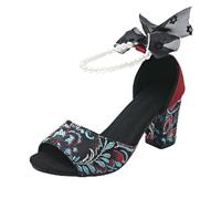 Momolaa UK Size 5.5 Womens Block High Heels Sandals Ladies Retro Embroidery Bow Tie Chunky Heeled One Strap Satin Ankle Buckle Dress Wedding Shoes Sandle Footwear Red