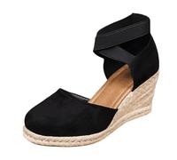 Momolaa UK Size 5.5 Womens Closed Toe Espadrille Platform Wedges Elastic Band Criss Cross Ankle Strappy Platform Mid Heel Sandals Slip on Dressy Casual Comfortable Wedge Sandal Sandle Footwear Black