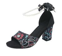Momolaa UK Size 5 Womens Block High Heels Sandals Ladies Retro Embroidery Bow Tie Chunky Heeled One Strap Satin Ankle Buckle Dress Wedding Shoes Sandle Footwear Black