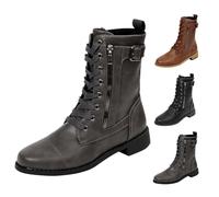 Momolaa UK Size 6 Combat Boots for Women Mid Calf Lace up Military Biker Army Combat Boots Side Zipper Buckle Low Heel Fashion Winter Ankle Booties Casual Smart Hiking Boot Grey