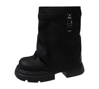 Momolaa UK Size 6 Fold Over Chunky Platform Ankle Boots for Women Low Chunky Block Heel Lug Sole Pull Slip on Fall Heeled Combat Gothic Motorbike Biker Boots Black