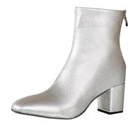 Momolaa UK Size 6 Women's Leather Square Toe Back Zip Chunky Low Block Heels Ankle Boots Elegant Tall Shaft Fall Winter Heeled Dress Booties Shoes Silver