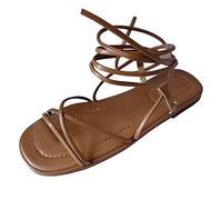 Momolaa UK Size 6 Women's Strappy Lace Up Flat Sandals Tie Up Leg Wrap Gladiator Flat Summer Sandal Sexy Bandage Sandals 003_Brown