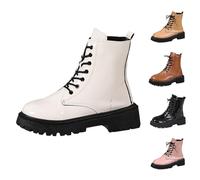 Momolaa White Ankle Boots for Women Patent Leather Platform Lug Sole Combat Booties Lace up Low Block Chunky Heel Side Zipper Fall Winter Black Military Boot Shoes Stylish Footwear Gift Size 6