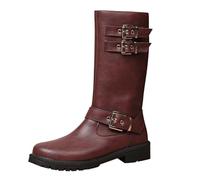 Momolaa Wine Buckle Mid Calf Riding Boots for Women PU Leather Round Toe Chunky Low Heel Motorcycle Boots Combat Biker Boot with Side Zipper & Buckles Footwear Trendy UK 5.5 Clearance