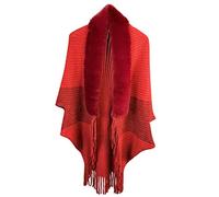 Momolaa Women Cold Weather Luxurious Faux Fur Collar Shawl Coat Faux Plush Collar Scarf Wrap Tassel Open Front Poncho Cape One Size A-Red