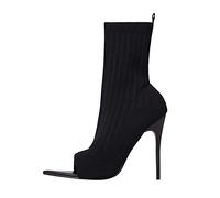 Momolaa Women Knee High Boots Size 4.5 Sexy Stiletto High Heel Open Toe Knit Ankle Boots Peep Toe Knit Sock Booties Black