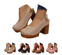 Momolaa Women’s High Heeled Clogs Mules with Back Strap size 7 Closed Toe Slingback Chunky Block High Heel Sandals Slip on Vintage Platform Mules Sling Back Shoes Daily Comfortable Casual Beige Gift
