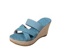 Momolaa Women Slip On Platform Wedge Sandals Slide UK 6 2026 Criss Cross Strappy Open Toe High Heel Sandals Dressy Arch Support Mules Summer Beach Sandals Slippers X-Blue Footwear