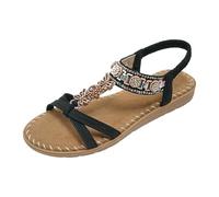 Momolaa Women's Beaded Flat Sandals size 4 Elastic Slingback T Strap Open-Toe Summer Sandals Bohemian Comfort Slip-On Casual Walking Sandal for Beach Holiday Vacation 03#-Black Ladies Gift