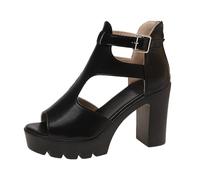 Momolaa Womens Block Mid High Heels Chunky Sandals Sale CLEARANCE UK size 7 Open Toe Cutout Boots Sandals Black