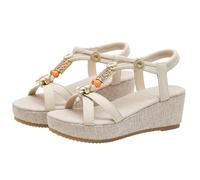 Momolaa Women's Bohemian Wedge Sandals Dressy Size 6 Espadrilles Platform Elastic Ankle Strap Strappy Gladiator Wedges Sandals Summer Open Toe Beach Shoes Beige Footwear