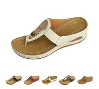 Momolaa Women's Boho Beaded Wedge Flip Flops Size 4 B1#_Beige High Increased Platform Toepost Sandals Dressy Summer Wedge Shoes Cushion Footbed Comfort Flip Flops Thong Sandals Sandle