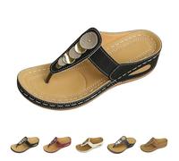 Momolaa Women's Boho Beaded Wedge Flip Flops Size 4 B1#_Black High Increased Platform Toepost Sandals Dressy Summer Wedge Shoes Cushion Footbed Comfort Flip Flops Thong Sandals Sandle