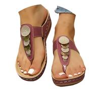 Momolaa Women's Boho Beaded Wedge Flip Flops Size 4 B1#_Wine High Increased Platform Toepost Sandals Dressy Summer Wedge Shoes Cushion Footbed Comfort Flip Flops Thong Sandals Sandle