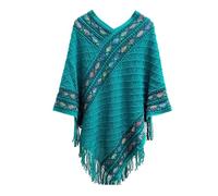 Momolaa Womens Boho Cozy Knitted Shawl Poncho with Fringed Clearance,Pullover Knitted Sweater Wrap Shawl Capes Scarf with Tassels NEW #4_Blue