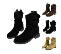 Momolaa Womens Booties Block Low Heel Slouch Suede Slip on Casual Ankle Boots Size 5.5 Chunky Fashion Round Toe Pull on Comfort Slouchy Booties Fall Winter Boots Black 2026 Footwear