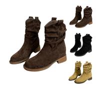 Momolaa Womens Booties Block Low Heel Slouch Suede Slip on Casual Ankle Boots Size 6 Chunky Fashion Round Toe Pull on Comfort Slouchy Booties Fall Winter Boots Coffee 2026 Footwear